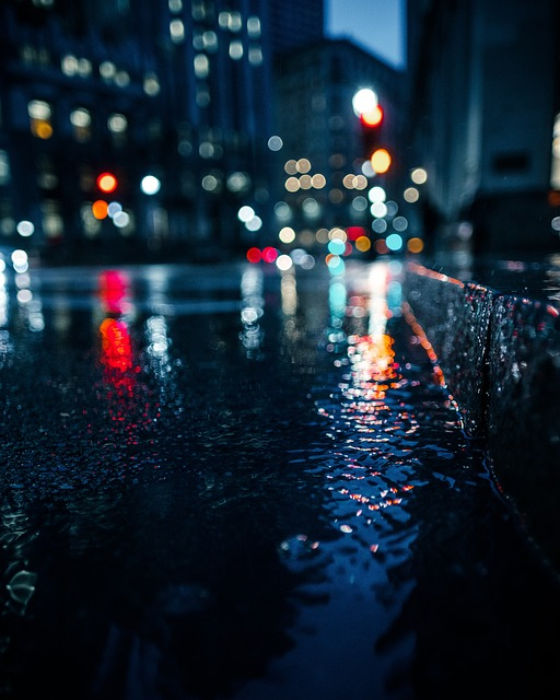 bokeh lights, wet, gutter